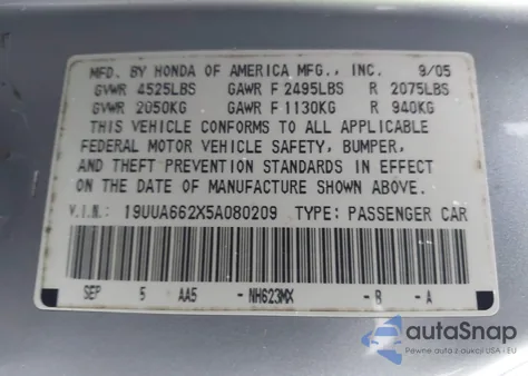 2005 Acura Tl from USA, damaged, VIN 19UUA662X5A080209